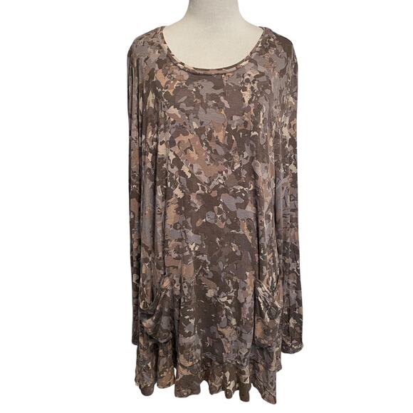 LOGO Abstract Pocket Tunic Womens XL Gray & Tan Knit Long Sleeve Casual Top - Picture 1 of 7